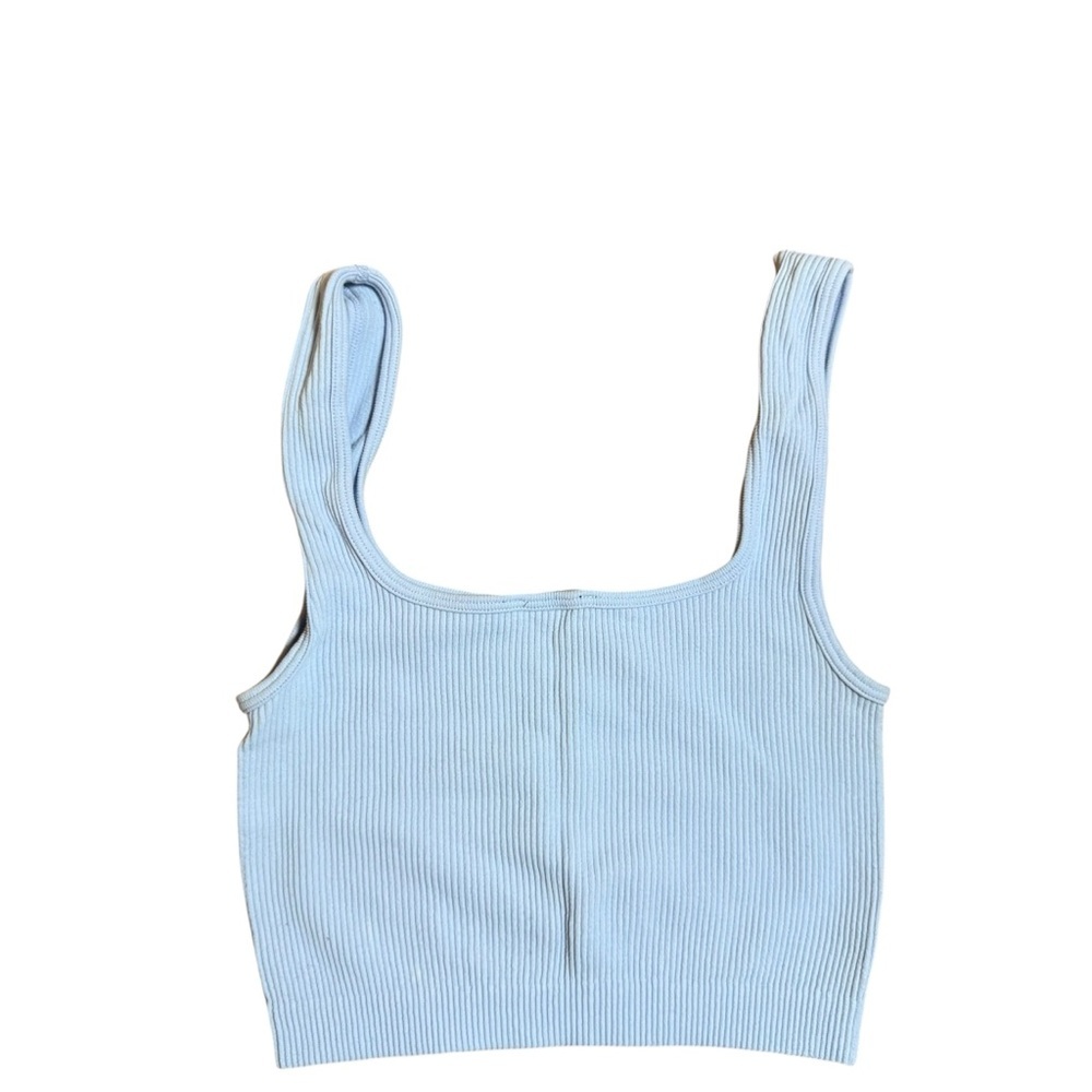 Zara Women Ribbed Crop Tank Top Square Neck Sleeveless Stretch Baby Blue-Size XS - Picture 2 of 7